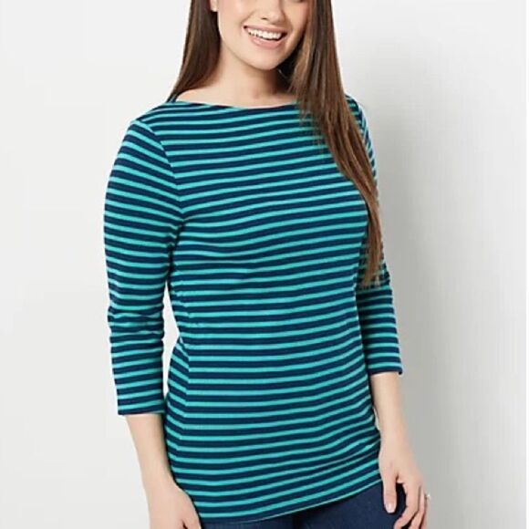 Isaac Mizrahi Live! Essential Yarn Dye Stripe 3/4 Sleeve Top - Picture 1 of 7